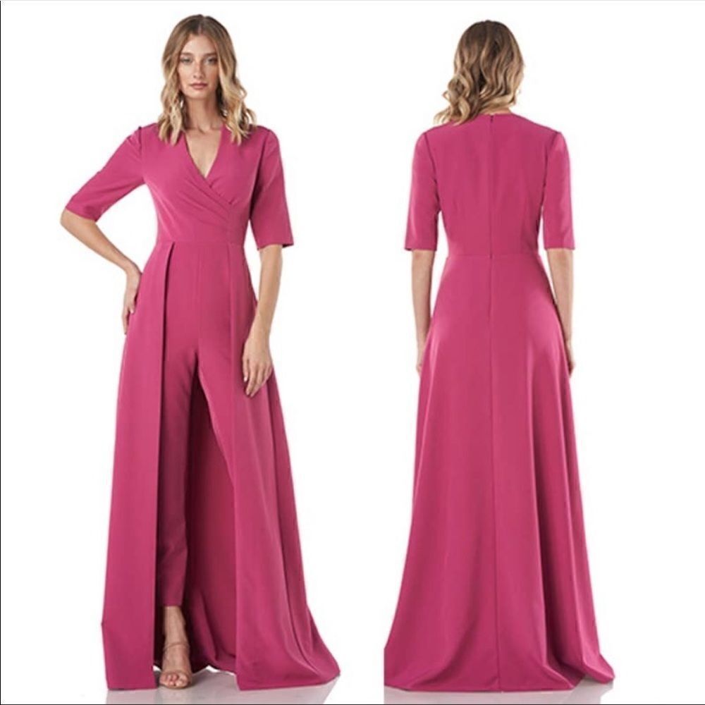 New Kay Unger Faith Pink Women's V-Neck Stretch Jumpsuit w/Skirt Size 2